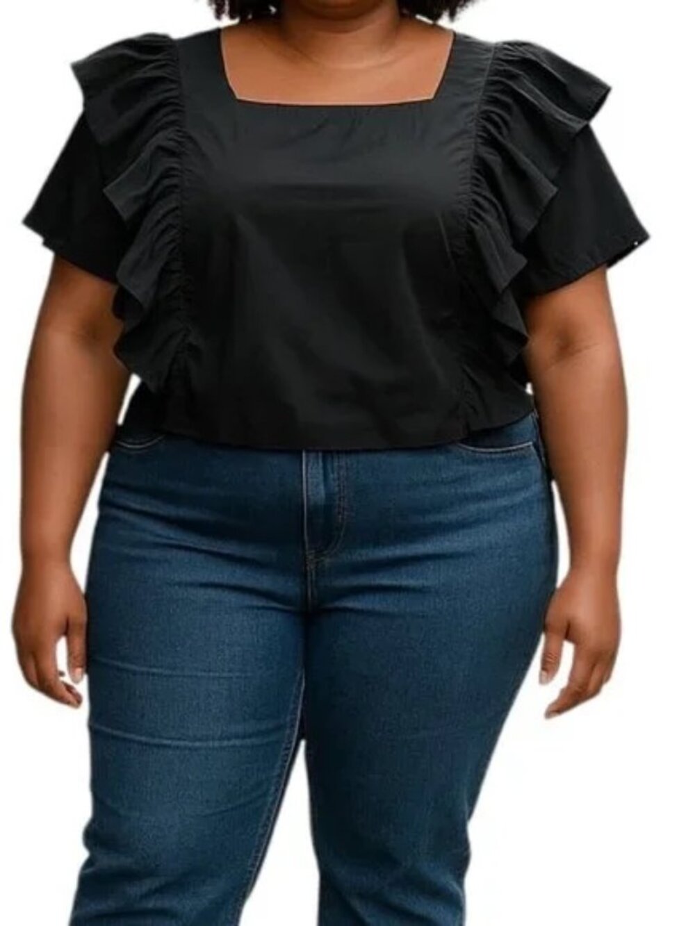 HT 360 Collective Elegant Black Ruffled Open Tie-Back Crop Top 100% Cotton, 2XL